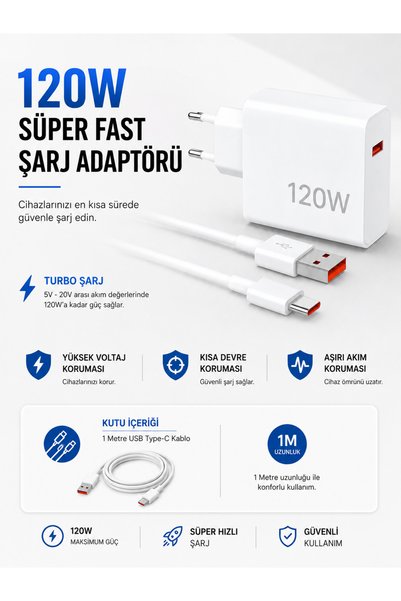 Techroid Turbo 120W Hızlı Şarj Cihazı Type-C Kablolu