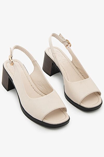 SAYL Beige Genuine Leather Open-Back Thick Heeled Women's Sandals
