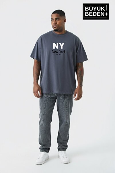 Superlife Men's Large Size Ny New York Printed 3Xl-6Xl Crew Neck T-Shirt Spr2...