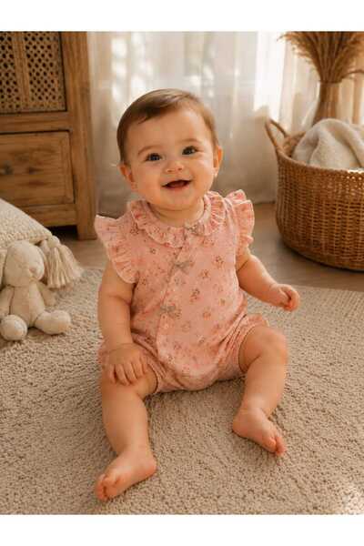 Ely Baby Fırfırlı Fiyonk Detaylı Çiçekli Kız Bebek Tulum