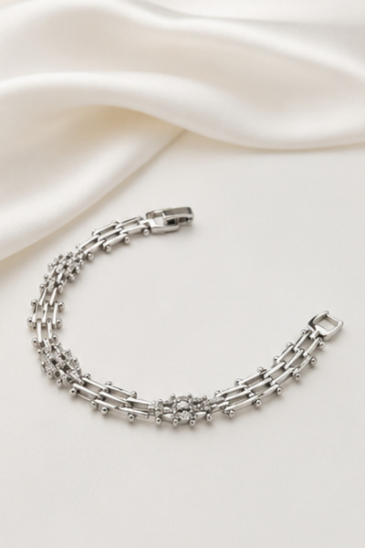 Balenbi Jewelry Women's Three-Row Stone Flower Detailed Anti-Tarnish Steel Br...
