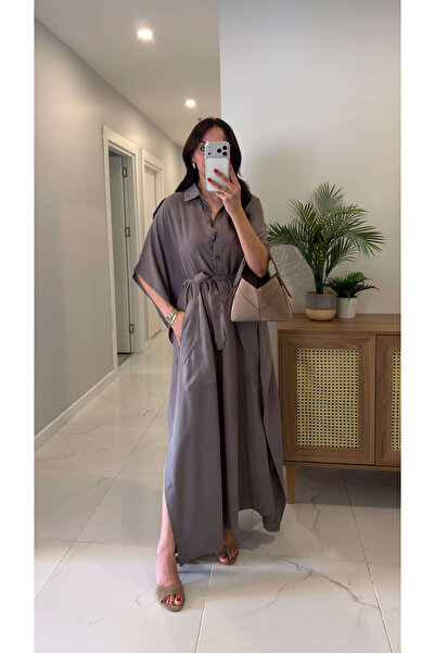 BİRCANÇİL Sofye Anthracite Belted Tencel Dress