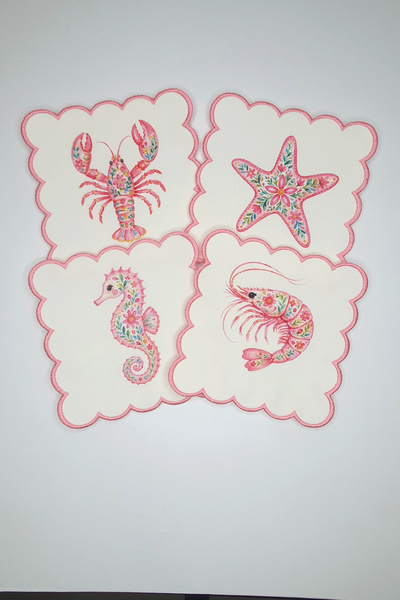 decofav Marine Life Pink Embroidered Edge Cocktail Napkin Set – Marine Themed...