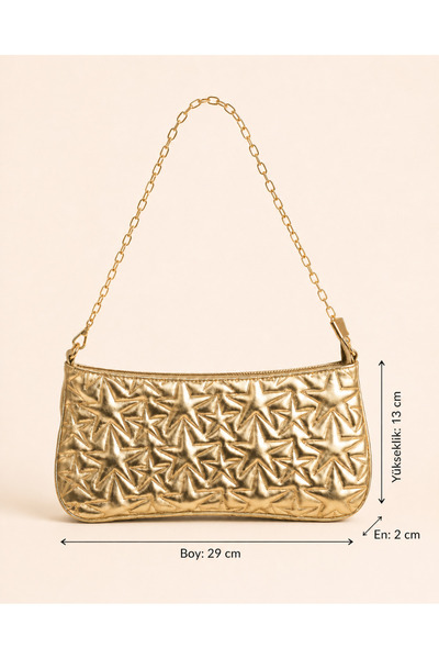 zetus Star Gold Patent Leather Star Patterned Chain Strap Women's Shoulder Bag
