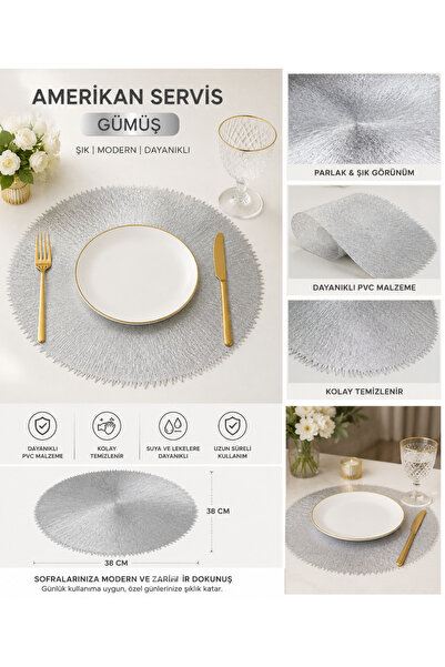 suhika 6-Piece Silver Pvc American Service 38 cm Round Waterproof Easy-To-Cle...