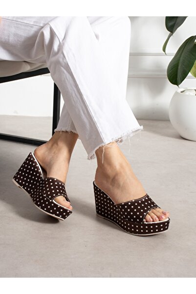 ALEMDAR AYAKKABI Cozy Brown Polka Dot Wedge Heeled Women's Slippers