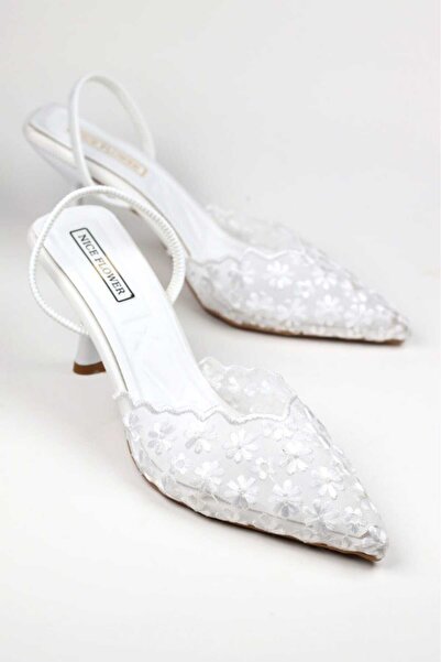 NiceDiffer Women's Lace Detailed Pointed Toe Open Back 7cm Thin Heeled Evenin...