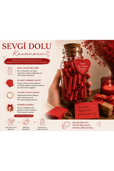 Selvica Sevgiliye Hediye Romantik Kavanoz Seti | 50 Kağıt + 50 Gold Halka + C...