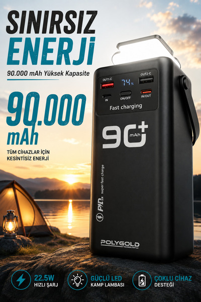 Zineets 90.000 Mah 22,5W PD Hızlı Kablolu Kamp Lambası Outdoor Serisi Powerba...