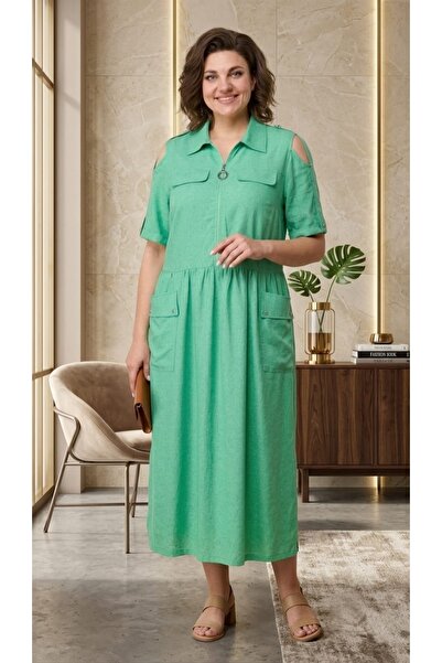 MAXLEVEL MODA Shoulder-Cut Out Plus Size Women's Linen Dress