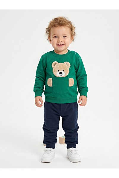 DaphKids Erkek Bebek 2'li Takım Ayıcık Cepli Sweatshirt & Eşofman Altı 3-12 Ay - Yeşil
