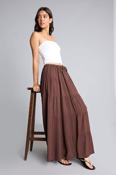 DeFacto Normal Waist Wrinkled Textured Viscose Maxi Brown Skirt H3336Ax26Sm