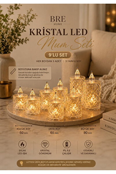 BRE HOME 9'lu Kristal LED Mum Seti Pilli Dekoratif Alev Efektli 3 Farklı Boy ...