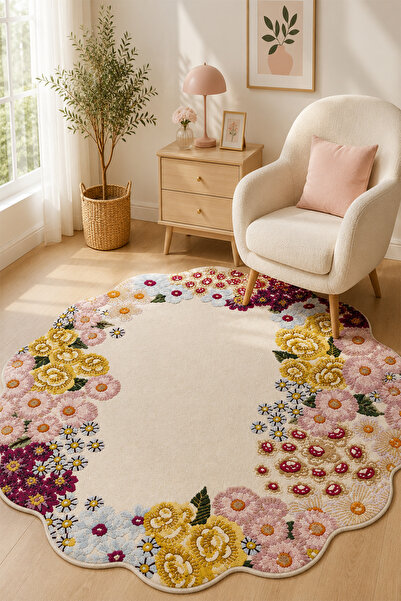 PINKIE HOME Dijital Baskı Overloksuz KaymazYıkanabilir Renkli Çiçekli Salon H...