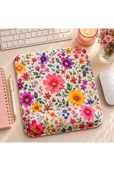 matizya Renkli Çiçek Desenli Bilek Destekli Mouse Pad 19x23 cm Ergonomik Kaym...