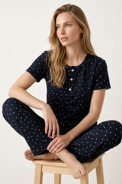 MORRO Women's Black Polka Dot Ribbed Short Sleeve Pajama Set