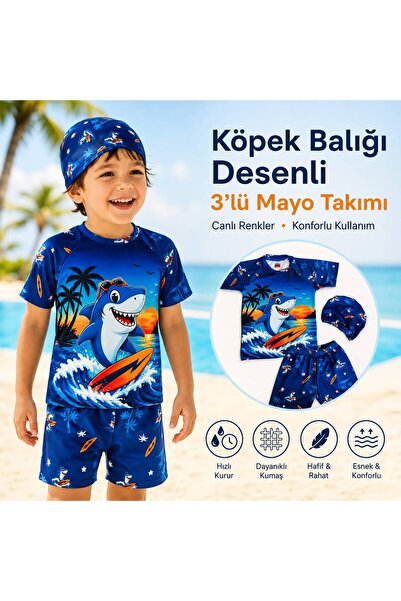 rony pony kids Erkek Çocuk Köpek Balığı Desenli 3’lü Mayo Takımı Deniz Şortu ...