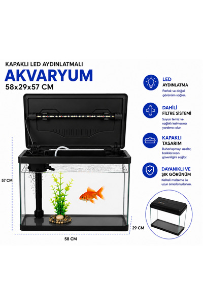 makro İTHAL AKVARYUM / FULL SET / FİLTRE + LED IŞIK / 58X29X57 CM SİYAH