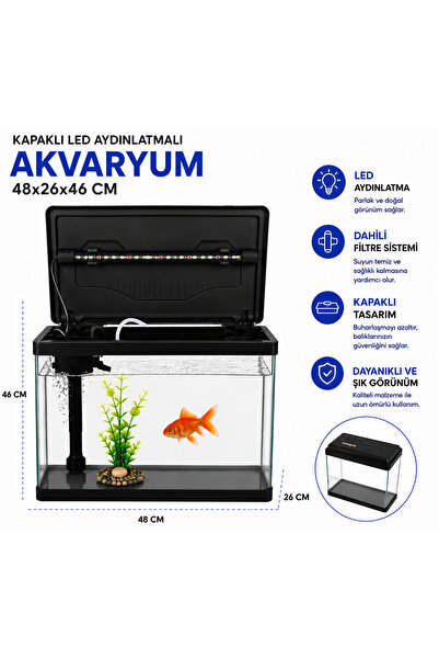 makro İTHAL AKVARYUM / FULL SET / FİLTRE + LED IŞIK / 48X26X46 CM SİYAH