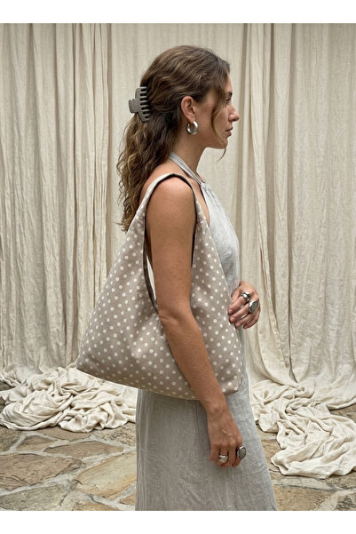 LUNAFEL Beige White Polka Dot Fabric Tote Bag - Large Size - Waterproof Fabri...