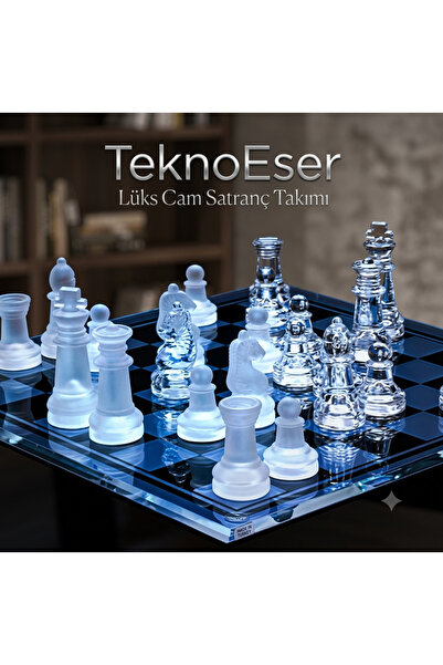 TeknoEser Lüks Cam Satranç Takımı - Büyük Boy Mat ve Parlak Kristal Görünümlü...