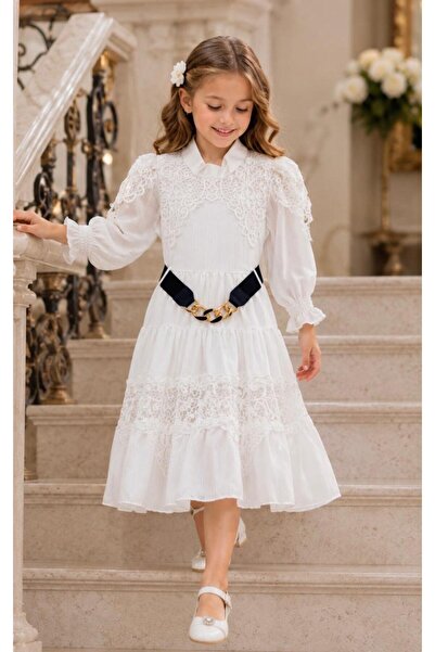 Rawai Roma Girls' Layered Dress with Belt and Luxurious Lace for Special Occa...