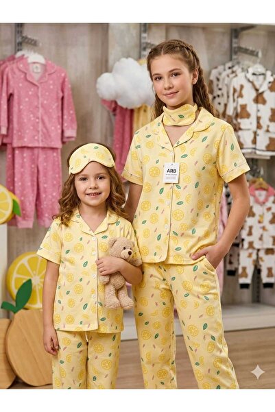 ALİŞŞ Kız Çocuk Limon Desenli Pamuklu Kısa Kollu Pijama Takımı – Göz Bandı Hediyeli
