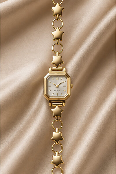GANYMET Goldas Women Gold Star Bracelet Watch Square Case with White Dial Ste...