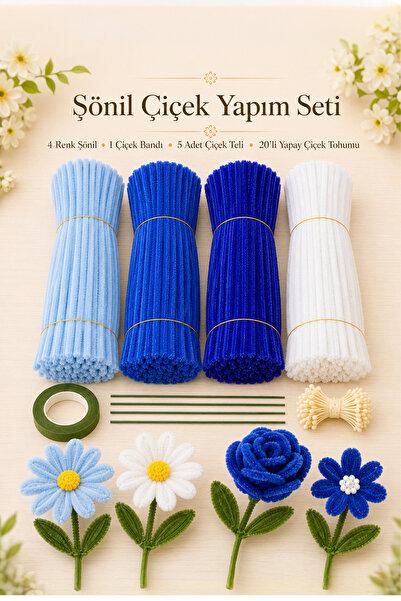 OLİ Art Şönil Çiçek Yapım Seti 100 Adet Mavi Tonları ve Beyaz Şönil, Çiçek Te...