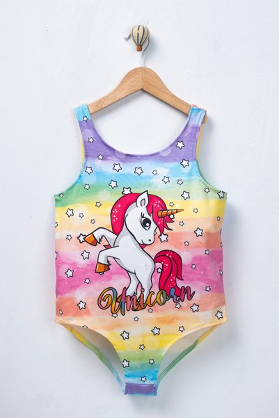 FURYATEX Kız Çocuk Unicorn Mayo Baskılı Deniz ve Havuz Yüzme Mayosu