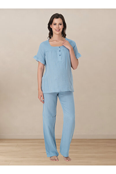 ByLohusa Soft Textured Muslin Fabric Maternity Set Effortt - Indigo