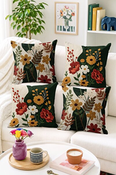 Home Vintage Çiçek Desenli 4’lü Kırlent Kılıfı Seti - Botanik Dekoratif Yastı...