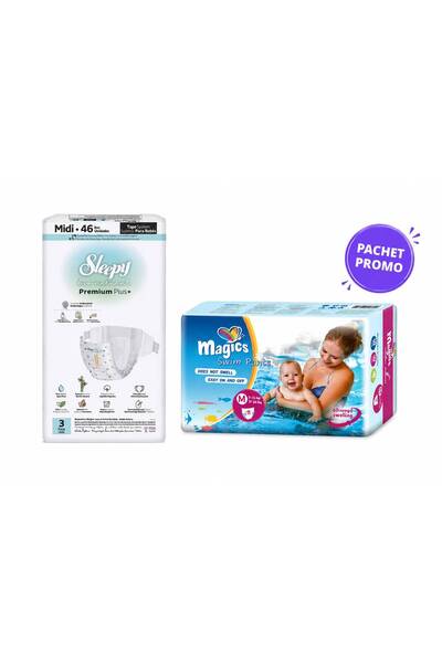 Sleepy Pachet promo Scutece Premium Mărimea 3 (46 buc, 4-9 kg) + Scutece de î...