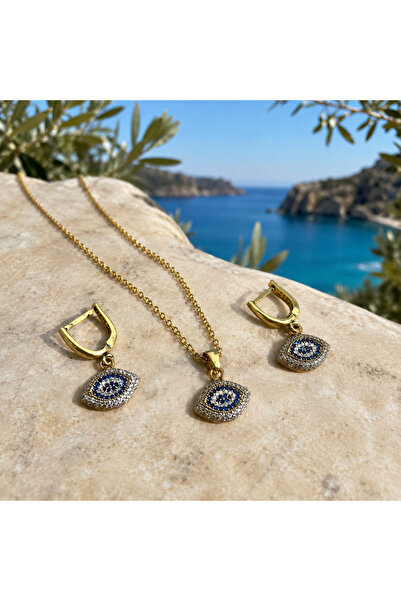 Shinestar atelier Nazar Boncuk Figürlü Gold Renk Zirkon Taşlı Kadın Kolye Küp...