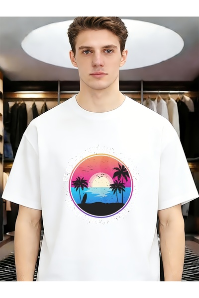 LİNA06 Retro Sunset Beach Palm Tree Spring Summer Men Funny Unique Tees Pure ...