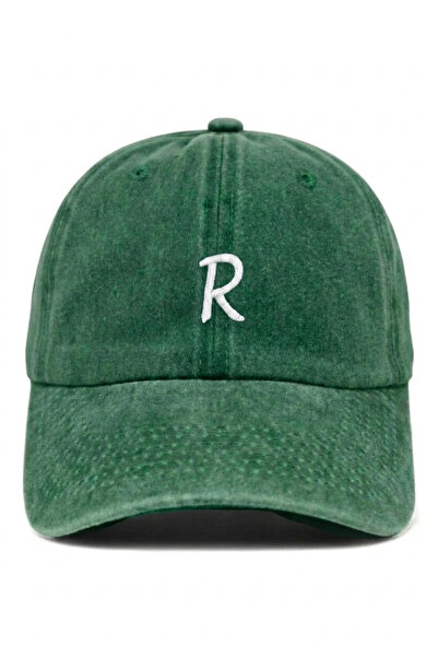 ŞapkaMania Dark Green Embroidered Washable Vintage Unisex Hat with Letter R