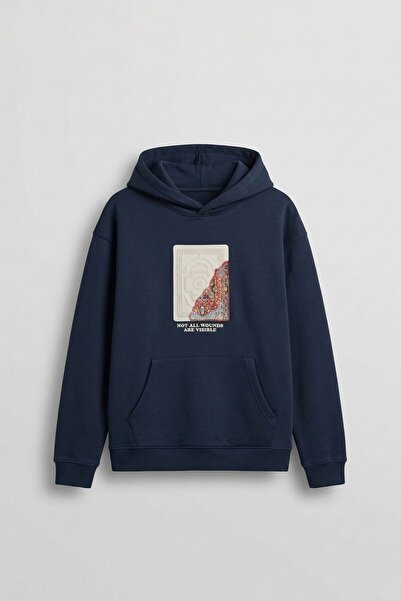 ablukaonline Men's Printed Oversize Premium Fabric Hoodie Navy Blue
