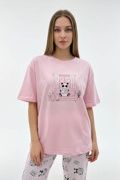girlstop Kadın Pamuk Ön Baskılı Oversize Kısa Kollu T-Shirt