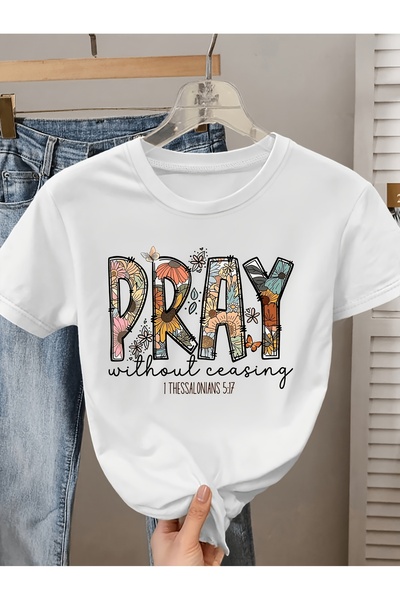 12 Teknoloji تي شيرت نسائي أنيق بأكمام قصيرة وطبعة زهور وشعار PRAY Faith، بيا...