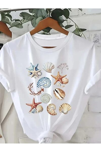STITCHLY تي شيرت نسائي ناعم بتصميم بحري - قميص بأكمام قصيرة بطبعة صدفية وشاطئ...