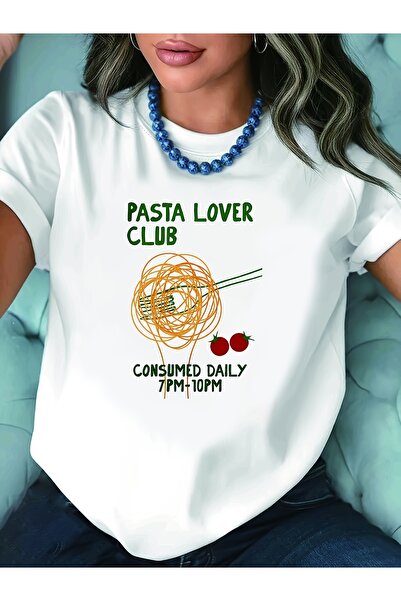 STITCHLY تي شيرت أبيض بأكمام قصيرة وياقة دائرية مطبوع عليه تصميم Pasta Club، ...