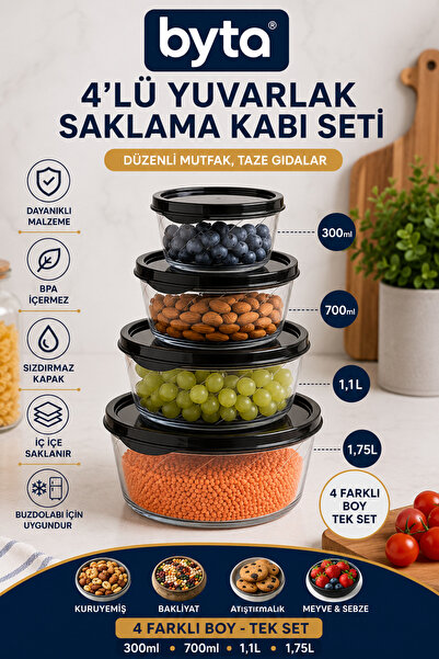 BYTA 4-Piece Round Storage Container Set 300 ml + 700 ml + 1.1 L + 1.75 L Tra...
