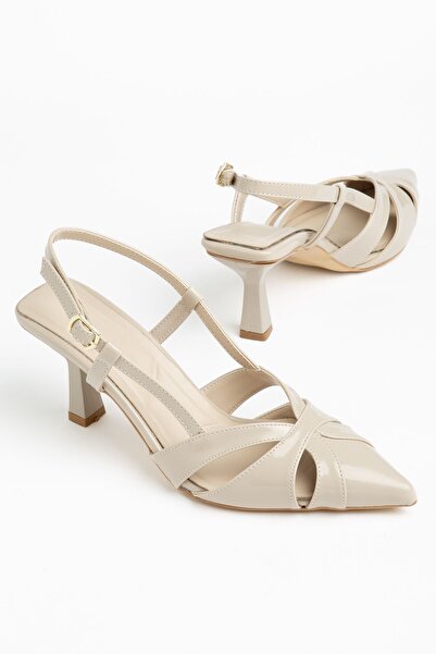 Moda Eleysa Terra Women's Beige Patent Leather Buckle Detailed Thin Heeled Ca...