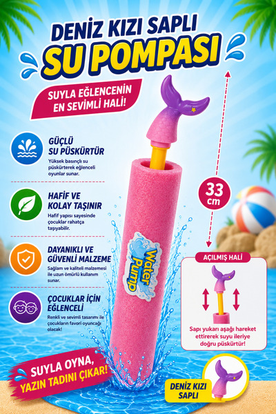 hak-iş oyuncak Deniz Kızı Kuyruğu Saplı Su Pompası – 33 cm (Pembe)