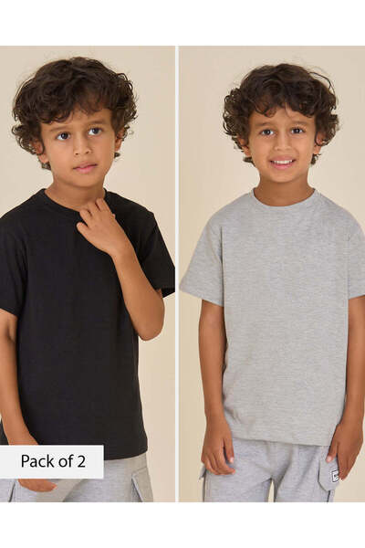 REDTAG Boys Grey Melange & Black 2-Pack Crew Neck T-Shirts