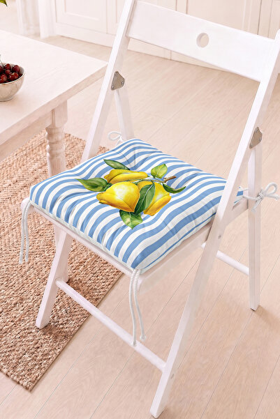 Home Sarı Limonlu Pofidik Sandalye Minderi - Mavi Çizgili Dekoratif Mutfak Sa...