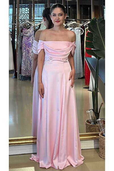 Abiyeniall Pembe Madonna Yaka Düşük Kollu Kloş Etekli Saten Uzun Abiye Elbise...