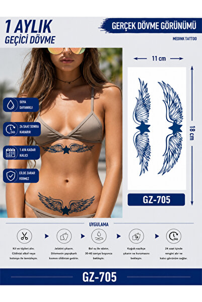 medink tattoo 1 Ay Kalıcı Sonradan Kararan 11X 18 cm 2 adet Yıldız ve Kanat m...