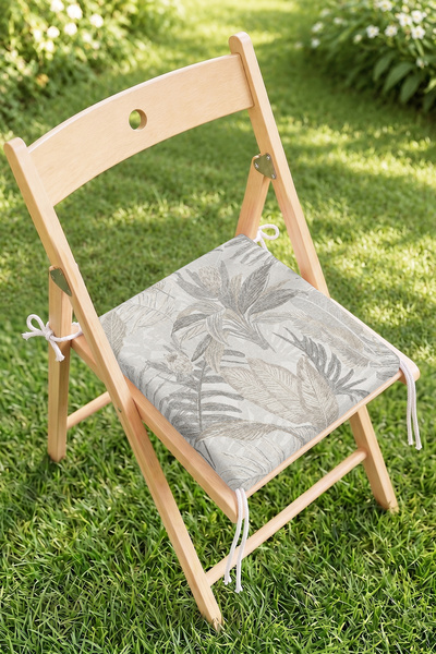 Home Gri Yaprak Desenli Fermuarlı Sandalye Minderi - Modern Dekoratif Bahçe S...