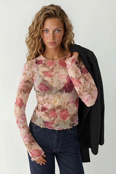 Hiccup Patterned Long Sleeve Transparent Blouse